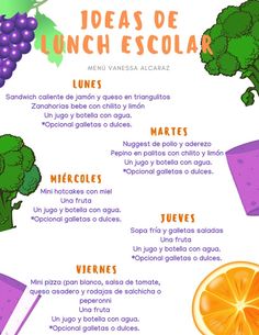 the menu for lunch is shown with oranges, grapes and broccoli on it