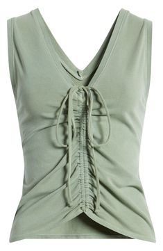 A cinched tie draws the eye to a breathable tank rendered in a neutral hue and cut from stretchy cotton jersey. 21" length (size Medium) V-neck Sleeveless 95% cotton, 5% spandex Machine wash, tumble dry Imported Casual Fitted Tops With Tied Detail, Casual Fitted Tied Tops, Casual Fitted Tie-detail Tops, Spring Cotton Drawstring Tank Top, Cotton V-neck Top With Tie Straps, Casual Sleeveless Tops With Tie Waist, V-neck Tops With Drawstring Tie For Spring, Casual V-neck Top With Knotted Straps, Casual V-neck Top With Drawstring