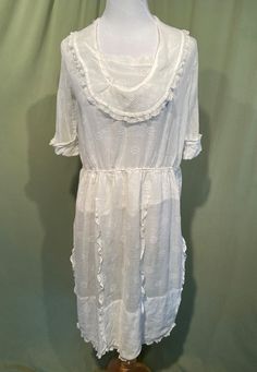 Sweet Original Vintage 1910-1920 Home Sewn Semi-Sheer White Cotton Sleeve Dress w Bib Collar Lace Trim Bust 38 Waist 34 Cottagecore Dresses For Vintage Events, Vintage White Ruffles Dress For Daywear, Victorian Style Ruffled Vintage White Dress, Victorian Vintage White Dress With Ruffles, Victorian Vintage White Ruffled Dress, Vintage White Dress With Ruffles For Daywear, White Vintage Prairie Dress For Daywear, Vintage White Dress For Daywear, Vintage Prairie Dress With Ruffles And Empire Waist