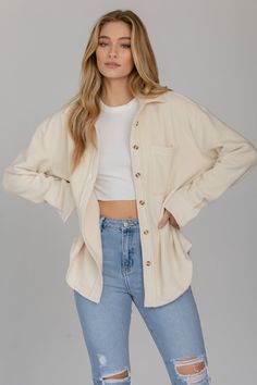 Collared sherpa button-down shacket 100% Polyester Imported Shacket Work Outfit Women, White Long Sleeve Crop Top Outfits, Tan Button Down Shirt Outfit, White Shacket Outfit Women, Button Up Jacket Outfit, Beige Button Up Shirt Outfit, Cream Button Up Shirt Outfits, Cream Shacket Outfit Women, White Corduroy Jacket Outfit