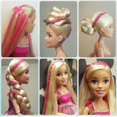 barbie doll hairstyles with braids and pink hair in various stages of development