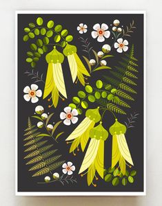 an illustration of flowers and leaves on a black background with white daisies, green leaves, and yellow bellflowers