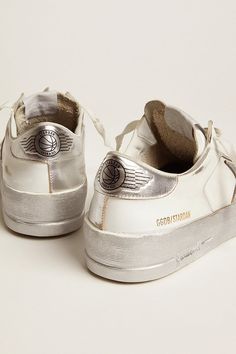 Stardan sneakers with silver metallic leather star and heel tab | Golden Goose 90s Basketball Shoes, The Golden Goose, Golden Family, Lace Socks, Bag Handle, Golden Goose, Metallic Leather, Leather Sneakers, Cow Leather