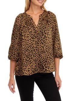 This stylish peasant top from Crown & Ivy boasts a daring leopard print. | Crown & Ivy Women's 3/4 Sleeve Leopard Print Peasant Top, Tan, X-Large Spring Leopard Print Workwear Blouse, Printed 3/4 Sleeve Blouse For Fall, Leopard Print Blouse For Fall, Spring Leopard Print Relaxed Fit Top, Leopard Print Relaxed Fit Top For Spring, Fall Printed Split Neck Blouse, Leopard Print Tops For Spring, Fall Printed Tops With 3/4 Sleeves, Leopard Print Tops With Relaxed Fit For Fall