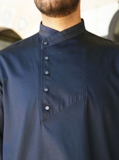 Cross-over mandarin collar Asymmetrical buttoned opening Model is 184cm (6 feet) and wearing size L Item Code: mQ0982 Chinese Collar, Linen Casual, Islamic Clothing, Comfortable Dress, Male Body, Modest Dresses, Mandarin Collar, Different Fabrics, Body Size