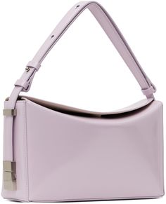 Polished leather top handle bag in purple. · Adjustable carry handle · Logo embossed at back face · Magnetic flap · Patch pocket at interior · Brushed bonded jersey lining · Logo-engraved silver-tone hardware · H5.75 x W9.5 x D3.25 Supplier color: Box lavender Modern Purple Bag For Formal Occasions, Modern Purple Shoulder Bag For Formal Occasions, Modern Purple Formal Shoulder Bag, Modern Purple Top Handle Shoulder Bag, Formal Purple Bag With Silver-tone Hardware, Silver Engraving, Color Box, Handle Bag, Vintage Brown