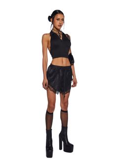 These shorts have a sateen construction with lace trim detailing and an elastic waistband with a drawstring closure. Halloween Costume Boots, Plus Swim, Costume Boots, Black Lace Shorts, Group Costumes, Halloween News, Halloween Sale, Festival Dress, Knit Shorts