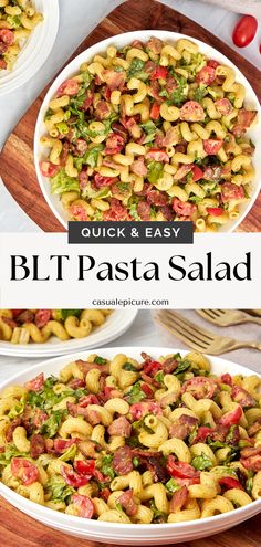 two plates filled with pasta salad on top of a wooden cutting board