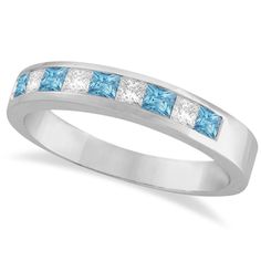 Princess Channel-Set Diamond & Aquamarine Ring Band 14K White Gold #ring #whitegold #14k #diamond #blue #gift #valentinesday #love Aquamarine Ring Band, Blue Star Sapphire Ring, Diamond Ring Cuts, Gold Wedding Anniversary, Star Sapphire Ring, December Birthstone Ring, Blue Star Sapphire, Aquamarine Ring, Ring Ideas