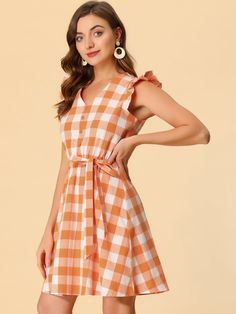 Shop Allegra K for casual plaids ruffled sleeve a-line gingham check dress you are looking for, get more women's dresses for yourelf. Order now! Free Returns! Checked Shirt Dress, Vintage Gingham, Retro Silhouette, Button Decor, Mini Skater Dress, Dress Orange, Check Dress, Poplin Dress, Sleeved Dress