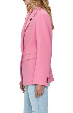 A cutaway silhouette sharpens the look of a wear-everywhere jacket that adds a bubblegum-pink pop of color to whatever you pair it with. 28" length (size Medium) Open front Notched lapels Four-button cuffs Chest welt pocket; front flap pockets Lined 76% polyester, 19% rayon, 5% spandex Machine wash, line dry Imported Pink Fitted Outerwear With Notch Lapel, Fitted Pink Outerwear With Notch Lapel, Pink Lapel Collar Outerwear For Office, Pink Notch Lapel Outerwear For Office, Spring Pink Notch Lapel Blazer, Pink Notch Lapel Blazer For Spring, Pink Tailored Outerwear With Lapel Collar, Trendy Pink Blazer With Notch Lapel, Pink Lapel Collar Blazer For Fall