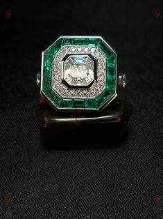 Vintage Art Deco Ring Ascher Cut Moissanite and Emerald Ring | Etsy Bosnia and Herzegovina Gia Certified Emerald Cut Art Deco Rings, Art Deco Emerald Ring With Diamond, Art Deco Emerald Ring With Diamond Center Stone, Asscher Cut Platinum Halo Ring For Wedding, Art Deco Diamond Emerald Ring With Brilliant Cut, Anniversary Platinum Emerald Ring With Center Stone, Platinum Emerald Ring With Center Stone For Anniversary, Art Deco Round Emerald Ring With Center Stone, Art Deco Emerald Ring With Round Cut Center Stone