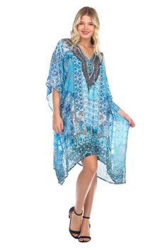 Hot Boho Beach Bliss Luxury Silk Caftan Dress/Cover Up with V-Neck Jewels - Hot Boho Resort & Swimwear Bohemian Style Dresses, Estilo Hippie, Boho Hippie Chic, Mode Boho, Moda Boho, Caftan Dress, Luxury Silk, Dress Cover, Revolve Clothing