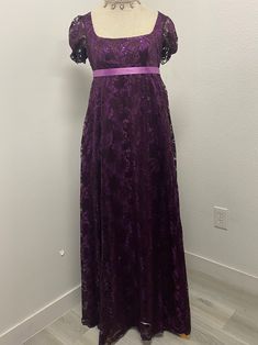 Regency Era Dress/gown Bridgerton Inspired Costume - Etsy Purple Gown With Fitted Bodice For Prom, Purple Ball Gown With Fitted Bodice, Purple Ball Gown Evening Dress For Prom, Purple Sequined Gown For Prom Season, Purple Ball Gown For Prom Season, Lavender Ball Gown For Party, Purple Floor-length Gown For Prom, Evening Dress With Lace Patchwork And Fitted Bodice, Lace Maxi Dress With Fitted Bodice For Prom