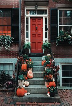 pumpkins and gourds are sitting on the steps in front of a red door