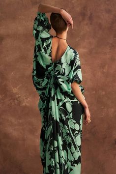 Green kaftan with printed floral motifs in a flared silhouette. - Aza Fashions Elegant Floral Print Flowy Kaftan, Summer Evening Floral Print Kaftan, Chic Floral Print Kaftan With Kimono Sleeves, Bohemian Floral Print Evening Kaftan, Elegant Evening Floral Print Kaftan, Diwali Jewellery, Green Kaftan, Mint Green Fabric, Kaftan Pattern