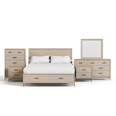 a bed, dresser and mirror are shown in this image on a white background with no people