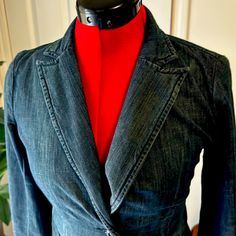 This Is A Blazer That Has Not Been Worn With The Tags Still Attached. There Are No Noticeable Issues With The Blazer. Fitted Denim Blue Denim Jacket For Work, Fitted Denim Blue Jacket For Work, Tailored Denim Jacket With Pockets, Fitted Denim Blazer In Dark Wash, Fitted Dark Wash Denim Blazer, Fitted Medium Wash Denim Jacket For Work, Fitted Dark Wash Denim Jacket For Work, Fitted Washed Outerwear For Work, Trendy Fitted Denim Jacket For Workwear