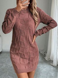 1pc Women Loose Casual Crew Neck Drop Shoulder Long Sleeve Knitted Sweater Dress, Autumn/Winter Dusty Pink Casual  Long Sleeve Knitwear Plain  Medium Stretch  Women Clothing, size features are:Bust: ,Length: ,Sleeve Length: Fall Sweater Dress, Raglan Sleeve Sweater, Warm Dresses, Long Sleeve Knit Sweaters, Sweater Dress Women, Cozy Chic, Knit Sweater Dress, Inspiration Mode, Fall Winter Outfits