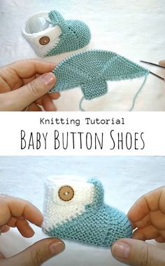 two pictures showing how to knit baby shoes