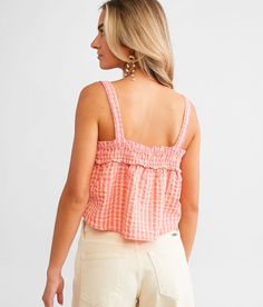 Free People Picnic Party Cropped Tank Top - Pink/Orange Small, Women's Pinkcombo Elasticized gingham front tie tank Bust measures 34 on size small Body length 19 on size small. 100% Cotton. Machine wash cold with like colors gentle cycle. Use only non-chlorine bleach. Tumble dry low. Low iron as needed. May be dry cleaned. Apparel & Accessories > Clothing > Shirts & Tops Summer Sleeveless Gingham Top, Spring Sleeveless Tank Top For Picnic, Sleeveless Gingham Tops For Summer, Sleeveless Gingham Top For Spring, Sleeveless Gingham Tops For Day Out, Spring Gingham Sleeveless Top, Gingham Tops For Beach In Spring, Summer Plaid Tops For Day Out, Plaid Summer Tops For Day Out