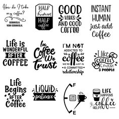 coffee quotes and sayings set on white background