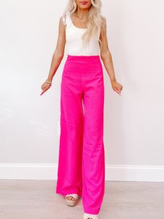 Paradise Pink Pants | sassyshortcake.com | Sassy Shortcake Pink Stretch Wide Leg Pants With Elastic Waistband, High Waist Pink Pants With Elastic Waistband, Pink Stretch Wide Leg Pants For Spring, Pink Wide Leg Full-length Pants For Party, Pink Wide Leg Full Length Pants For Party, Pink Wide Leg Party Pants Full Length, Pink Party Wide Leg Pants, Pink High-waisted Pants For Night Out, Pink High Waist Stretch Wide Leg Pants