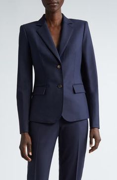 Pickstitching traces the label's precision tailoring—showcased in the sculptural seaming and structured shoulders—of this fitted blazer in tactile stretch wool. 25" length (size 8) Two-button closure Notched lapels Four-button cuffs Front flap pockets Lined 95% wool, 5% elastane Dry clean Imported Designer Clothing Designer Fitted Suits For Office, Designer Fitted Blazer For Business Casual, Fitted Blazer With Structured Shoulders For Office, Designer Notch Lapel Suits For Office, Designer Tailored Blazer With Welt Pockets, Designer Tailored Single Button Blazer, Designer Tailored Blazer With Suit Collar, Designer Tailored Blazer With Single Button, Luxury Fitted Blazer For Office Wear