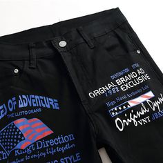 Scratches and rips are the main feature of these stone washed denim 6 pocket pants. Patches with the brand’s lettering embroidery and decorated with the American Flag on the left leg. Metal buttons fastening. The Maison’s lettering is embroidered under the rear waistband. Two needle stitching. Fit: Straight.[custom tab] FABRIC #1: 99% COTTON 1% ELASTANE | LINING #1: 65% POLYESTER 35% COTTON | INSERT #1: 100% POLYESTER | INSERT #2: 100% ACRYLONITRILE BUTADIENE STYRENE (ABS) [/custom tab] Pants Patches, Lettering Embroidery, The American Flag, Printed Jeans, Washed Denim, Pocket Pants, Bold Black, Metal Buttons, Black Print