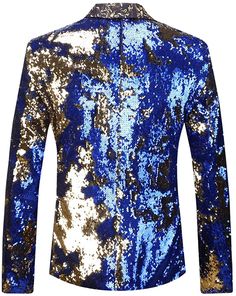 This men's blazer is the perfect addition to any wardrobe. Crafted from a luxurious polyester blend, it features a stylish two-color design with gold and royal blue sequins for a sophisticated, sparkling look. It is lightweight and comfortable, making it ideal for formal or casual occasions. Button closure Machine Wash 1, two colors Sequins for one item. you can change it to be another color by yourself. 2, Suitable for: stage, bar, wedding, party and so on. 3, WASH IN WATER or dry-clean. DON'T Winter Party Blue Blazer, Gold Long Sleeve Blazer For Party Season, Blue Long Sleeve Blazer For Evening, Gold Sequin Blazer For Evening, Royal Blue Long Sleeve Party Blazer, Fitted Royal Blue Blazer For Fall, Blue Fitted Blazer For Night Out, Gold Sequin Blazer For Fall, Fitted Blue Blazer For Night Out