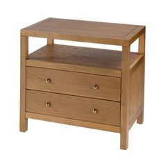 a small wooden table with two drawers on one side and an open drawer on the other