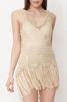 Sleeveless Summer Cover-up With Crochet Trim, Sleeveless Fringed Beachwear Cover-up, Sleeveless Crochet Dress For Poolside, Sleeveless Crochet Dress For Poolside And Beach, Chic Crochet Trim Top For Beach, Bohemian Beige Sleeveless Cover-up, Summer Lace Crochet Top For Beach, Lace Crochet Top For Beachwear On Vacation, Lace Crochet Top For Beach Vacation