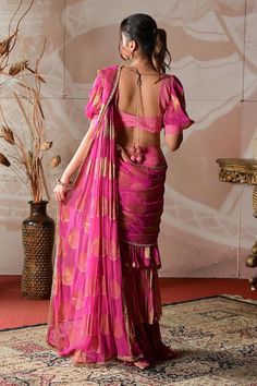 Pink shaded banarasi georgette pre-draped sharara saree with circular motifs embroidery. Comes with a crepe blouse with cutdana hand work. - Aza Fashions Fitted Bollywood Style Pre-draped Saree For Festive Occasions, Fitted Pre-draped Saree With Cutdana For Festivals, Fitted Saree For Navratri With Traditional Drape, Bollywood Style Fitted Pre-draped Saree With Dupatta, Bollywood Draped Sharara, Bollywood Style Draped Sharara, Bollywood Style Fitted Pre-draped Saree, Fitted Traditional Pre-draped Saree For Diwali, Bollywood Style Draped Sharara With Unstitched Blouse