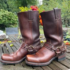 Brown Leather Boots, Vintage Belted Harness, Excellent Like-New Condition, Superior Construction, Mid-Calf Height, Chunky Stacked Leather Heel, Neoprene Sole. Brown Biker Moto Boots For Biker Events, Brown Biker Style Moto Boots For Biker Events, Rugged Brown Moto Boots For Biker Events, Vintage Leather Moto Boots For Biker Events, Fall Moto Boots For Biker Events With Snip Toe, Fall Snip Toe Moto Boots For Biker Events, Snip Toe Moto Boots For Biker Events In Fall, Boots Vintage, Vintage Belts