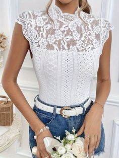 F00280678-102 Layered Lace Top, Color T Shirt, Mock Neck And T Shirt, Patchwork Top, Leisure Fashion, Daily Dress, Lace Fashion, Fashion Seasons, Top Women