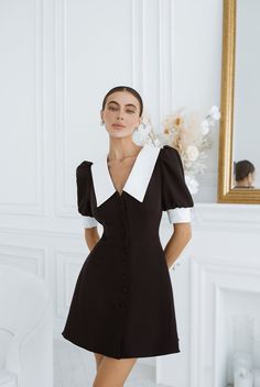 Black Collared Short Sleeve Mini Dress – ELAGIA Dress With Collar And Sleeves, Black Dress With White Collar, Collared Dress, Puff Sleeve Dresses, Short Sleeve Mini Dress, Puffed Sleeves Dress, Button Dress, Puffed Sleeves, One Piece Dress