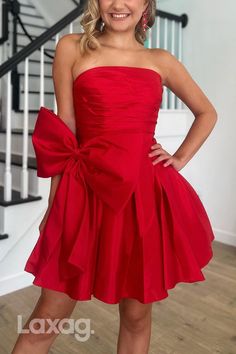 This beautiful 22827 party dress features an A-line silhouette with a strapless design and sleek satin fabric. The draped details add elegance to the overall look, making it a perfect choice for any special occasion. Be the center of attention and feel sleek and elegant in this stunning homecoming dress. Royal Red Dress, Short Party Dresses, Short Satin, Satin Homecoming Dress, Satin Short, Red A, Pleated Bodice, Elegant Party, Homecoming Dresses Short