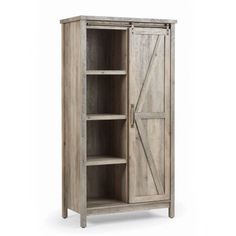 an open wooden cabinet with sliding doors on one side and shelves on the other end