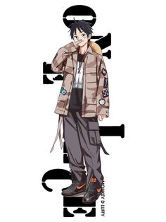 an anime character with black hair and brown pants