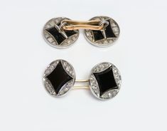 Art Deco Platinum Cufflinks.French platinum art deco cufflinks set with fancy cut onyx and diamond. French hallmarks. Art Deco Formal Jewelry With Screw Back, Formal Art Deco Jewelry With Screw Back, Timeless Black Diamond Jewelry For Formal Occasions, Timeless Formal Jewelry With Black Diamonds, Vintage White Gold Jewelry For Business, Diamond Cufflinks, Diamond Cufflink, Art Deco French, Business Jacket