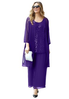 When the occasion calls for evening elegance, there are a few style details that make this pantsuit a luxurious choice to wear, starting with the shimmering sequined tank. It elevates the outfit to an exquisite level. Then there's the sweeping maxi cardigan that gracefully drapes the body. Not to mention the relaxed looking pants. Go ahead. RSVP – yes. FABRIC: Soft, smooth and cool to the touch. FIT: 3-piece pantsuit designed with an easy fitting sequin tank, layered under a sweeping cardi Plus Size Pant Suits Purple, Maxi Cardigan, Sequin Tank, Beauty Dress, Midi Sheath Dress, Womens Scrubs, Plus Size Pants, Maxi Wrap Dress, Midi Dress Bodycon