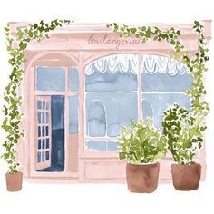 a watercolor painting of two potted plants in front of a storefront window