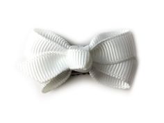 This adorable infant boutique hair bow is stitched to Baby Wisp® Mini Latch clips that comb into fine wispy hair and stay put! Bald Babies love Baby Wisp® for this reason because our bows work. Water repellent coating, Lead-free, with a silicone sleeve for added comfort and hold. Fits 0-12 Months best. Snap open, comb in hair, snap closed. Do not press on baby's head. High quality grosgrain bow tied into our 'boutique style' bow. This boutique hair bow is signalled by its intricate loops and gen Cute White Bow With Ribbon, Cute White Ribbon Bow, White Bow Hair Accessory For Gift, White Bow Hair Accessories For Gifts, White Bow Hair Accessories As Gift, White Bow Tie Hair Accessories Gift, White Bow Tie Hair Accessories As A Gift, Adjustable White Satin Bow, Adjustable White Hair Accessories With Bow Tie