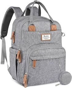 a gray backpack with two zippers on the front and one has a brown handle