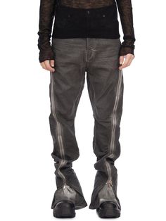 Composition: 90% Cotton, 7% Polyester, 3% Rubber Modern Denim Bottoms With Zip Fly, Dark Wash Rigid Denim Bottoms With Zip Fly, Fitted Washed Black Rigid Denim Bottoms, Fitted Rigid Denim Bottoms In Washed Black, Rick Owens Pants, Rick Owens Men, Leather Cap, Grey Cotton, Jeans Black