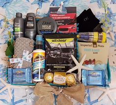 a gift basket filled with personal care items