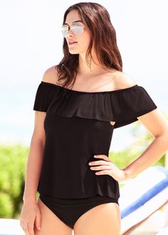 Trendy off-the-shoulder ruffle tankini by Magicsuit will take you from beach to brunch effortlessly. Adjustable shirred ruffle neckline allows for wear versatility on and off the shoulder. Mix & match with your favorite black bikini bottom. Free shipping and free returns on all swim. Beach Ideas, Flowy Design, Soma Intimates, The Vanishing, Tankini Swim Tops, Swim Tankini, Swim Suits, Sleepwear Pajamas, Ladies Dress Design