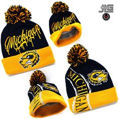 "Michigan Fans Features Premium Michigan Skull Cap Hurricane With Pom on Top Material- 100% Acrylic. It is a stretchable and quality beanie. Adult Size - One size fits Most. It fits almost all sizes of Men and Women. Give you a comfortable and relaxed fit. (Approx. 9\" x 11\" when unfolded) Detail - Drip City and Hurricane Michigan name and Angry Head Wolverines Embroidery on the front and Cuff. 3 inches pompom on the top. GREAT VALUE - WITH FAST SHIPPING" Winter Sports Beanie, One Size Fits Most, Adjustable Beanie For Sports In Winter, Adjustable Winter Sports Beanie, One Size Winter Sports Beanie Cap, Sports Beanie Cap, Sports Beanie Cap One Size Fits Most, Sports Beanie One Size Fits Most, Winter Sports Baseball Cap, Warm Sports Beanie Hat