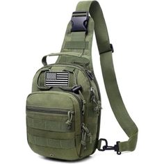 a green chest bag with an american flag on the front and one side zippered to it