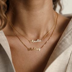 The Name Necklace is available in Yellow, White and Rose Gold. Available in 10KT gold Length: 18" Font Style: Cursive | Block | Monogram Necklace Chain Types, Gold Name Necklace, Nameplate Necklace, Custom Charms, Gold Choker Necklace, Girl Jewelry, Custom Name Necklace, Letter Necklace, Minimalist Necklace